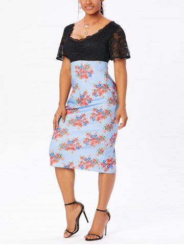 Robe Mi-Longue Vintage Droite à Imprimé Fleurie en Dentelle Insérée