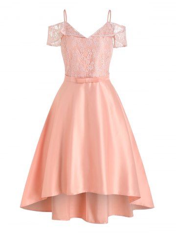 Solid Color Flower Lace Panel Bowknot High Waist Foldover Prom High Low Midi Party Dress - LIGHT PINK - S