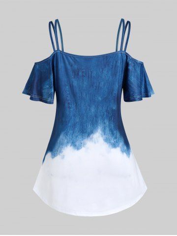 Plus Size 3D Denim Print Cold Shoulder Tee