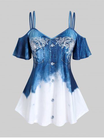 Plus Size 3D Denim Print Cold Shoulder Tee