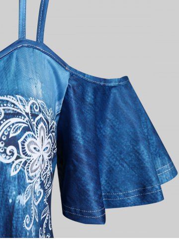 Plus Size 3D Denim Print Cold Shoulder Tee