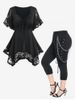 Lace Insert Handkerchief T Shirt and Lace Up Chains Gothic Capri Pants Plus Size Summer Outfit -  