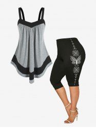Two Tone Swing Tank Top and Butterfly Print Capri Leggings Plus Size Summer Outfit -  