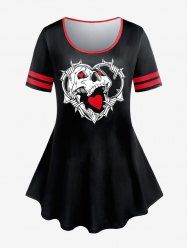 Plus Size Gothic Skull Heart Printed Two Tone Tee -  