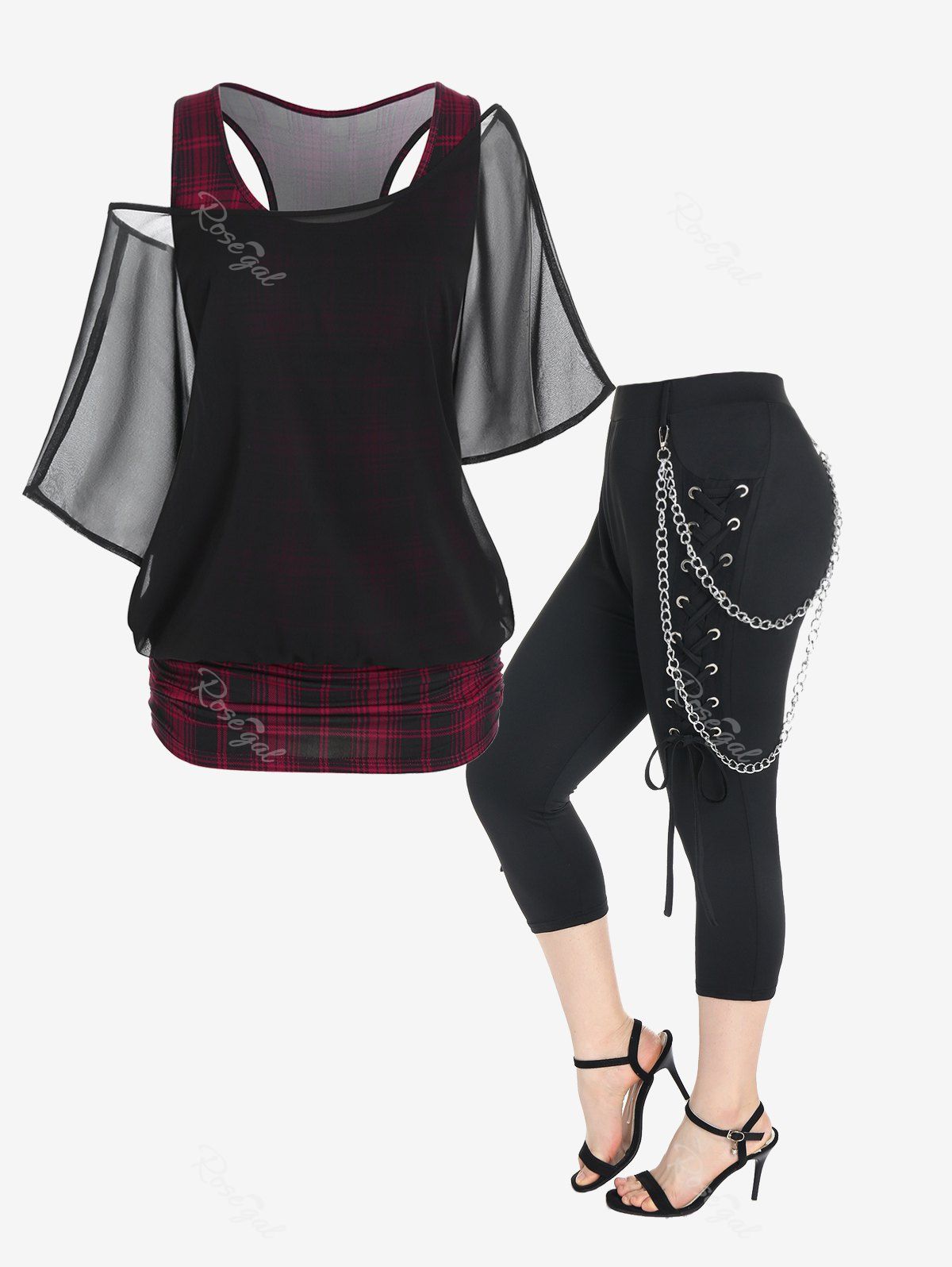 Sale Skew Neck Sheer Mesh Blouse and Plaid Ruched Tank Top and Punk High Waist Lace Up Chains Capri Pants Set Plus Size Summer Outfit  