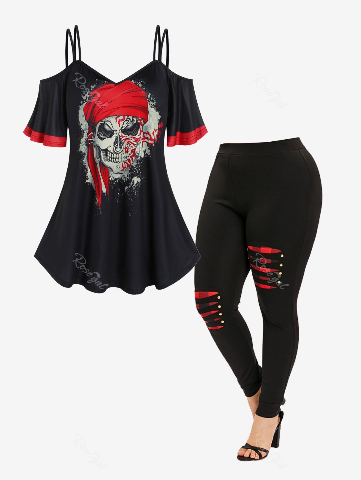 Best Skulls Printed Colorblock Cold Shoulder Tee and Plaid Ripped Panel Leggings Plus Size Gothic Summer Outfit  