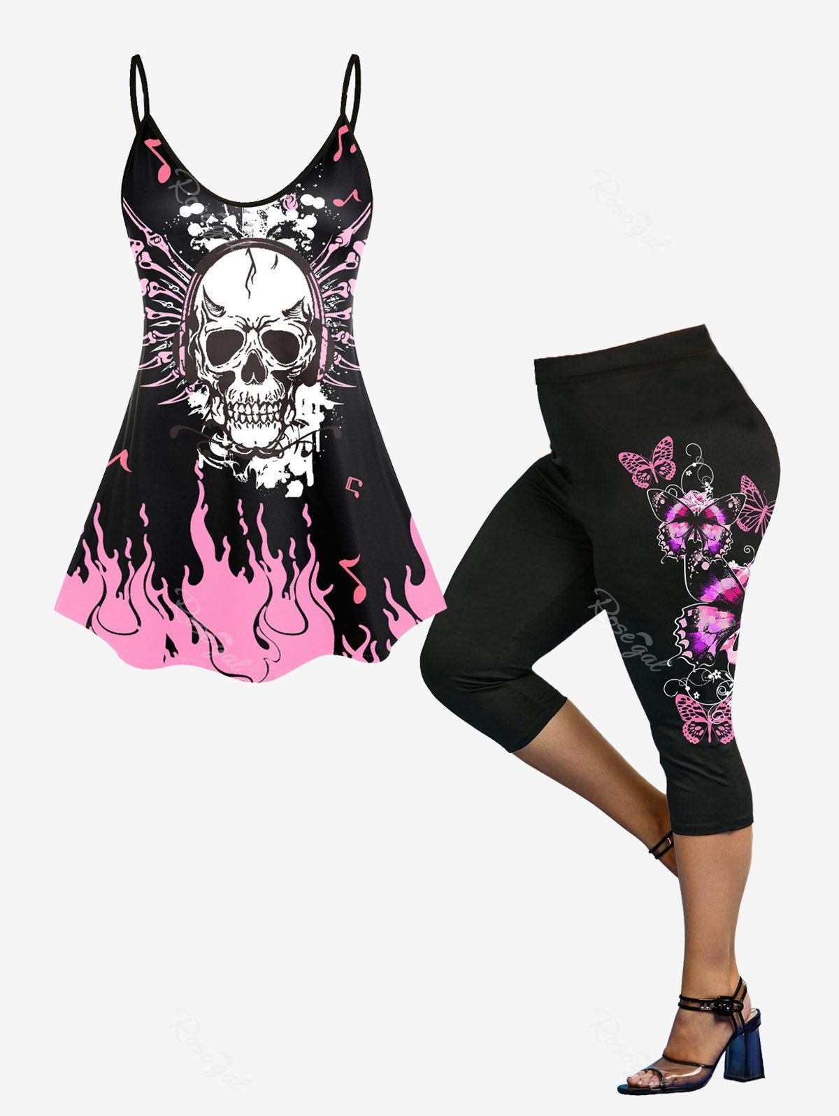 Hot Skull Fire Print Gothic Tank Top and Capri Leggings Plus Size Summer Outfit  