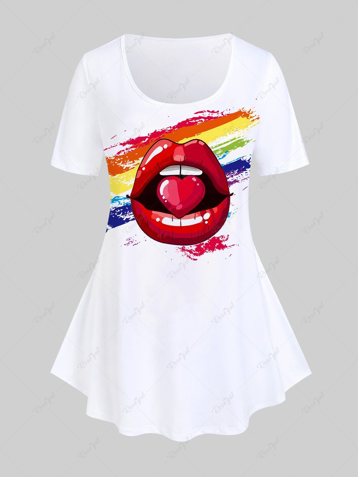 T-shirt à Imprimé Lèvre Arc-en-ciel de Grande Taille Blanc 4X | US 26-28