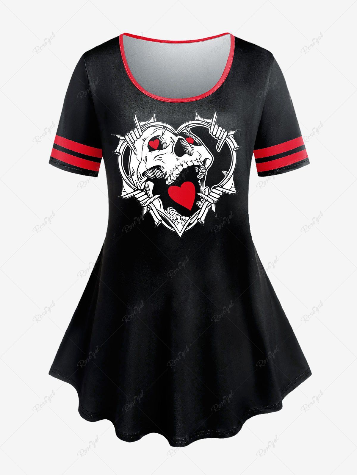 T-shirt Gothique Bicolore à Imprimé Cœur Crâne de Grande Taille Noir 2x | US 18-20