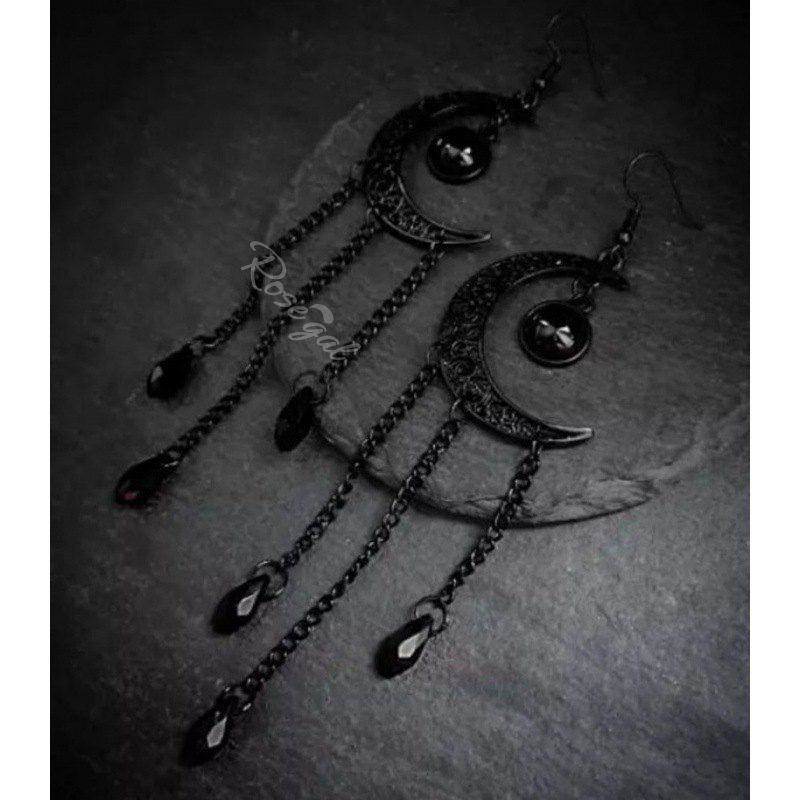 Boucles D'Oreilles Pendantes Lune Gothique à Frange Noir 