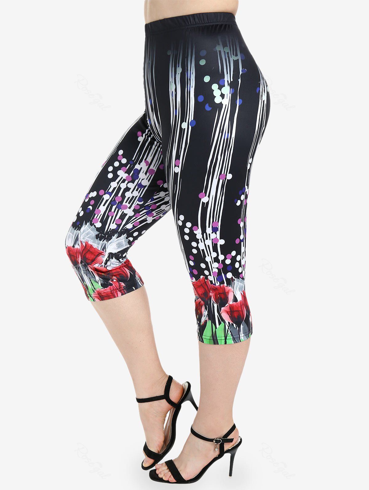 Latest Plus Size Floral Print Polka Dot High Waist Capri Leggings  