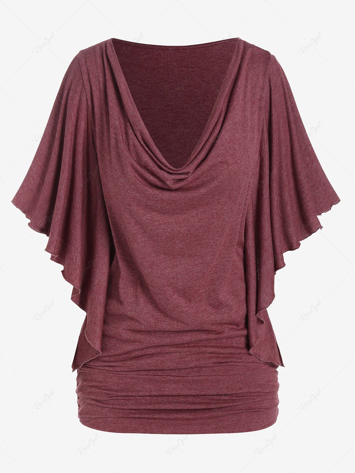 New Plus Size Cowl Neck Butterfly Sleeve Ruched Tee  