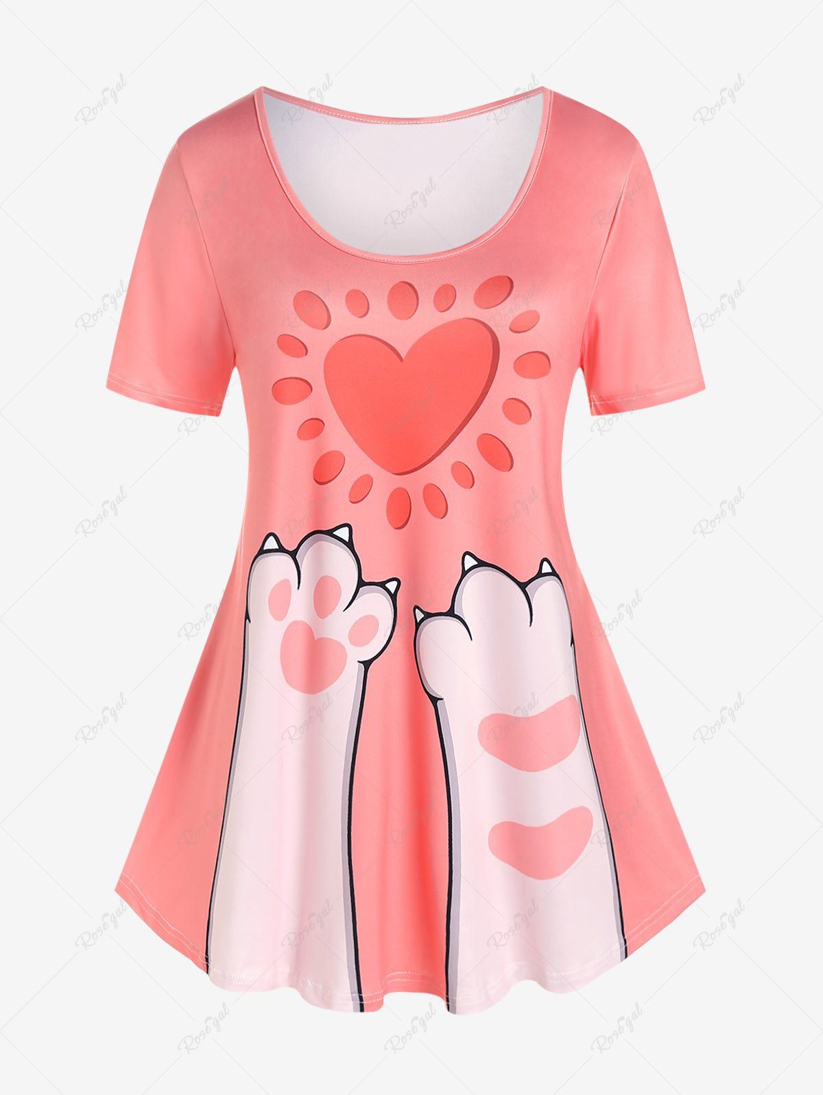 Hot Plus Size Heart Cat Printed Short Sleeves Tee  