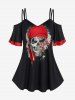 Skulls Printed Colorblock Cold Shoulder Tee and Plaid Ripped Panel Leggings Plus Size Gothic Summer Outfit -  