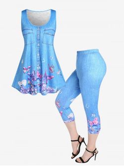 3D Jeans Butterfly Printed Lace Panel Tank Top and High Waist Butterfly Print 3D Denim Jeggings Plus Size Summer Outfit - LIGHT BLUE