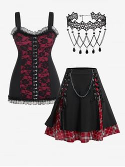 Gothic Rose Lace Hook and Eye Tank Top and Plaid Skirt Plus Size Summer Outfit - RED