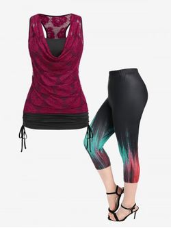 Cowl Neck Cinched Rose Lace Tank Top and High Waist Ombre Color Leggings Plus Size Summer Outfit - DEEP RED