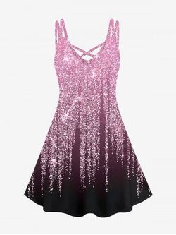 Plus Size 3D Glitter Starlight Print Crisscross Trapeze Dress - LIGHT PINK - 1X | US 14-16