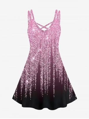Plus Size 3D Glitter Starlight Print Crisscross Trapeze Dress