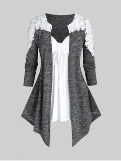 Plus Size  Lace Panel Open Front Cardigan and Cinched Tank Top Set - GRAY - 3X | US 22-24