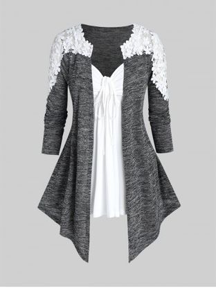 Plus Size  Lace Panel Open Front Cardigan and Cinched Tank Top Set