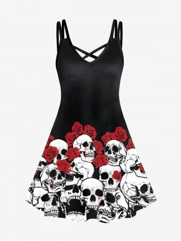 Plus Size Gothic Rose Skulls Printed Crisscross A Line Sleeveless Dress - BLACK - M | US 10