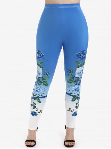 Plus Size Rose Print Ombre Color Skinny Leggings