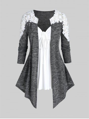 Plus Size  Lace Panel Open Front Cardigan and Cinched Tank Top Set - GRAY - L | US 12