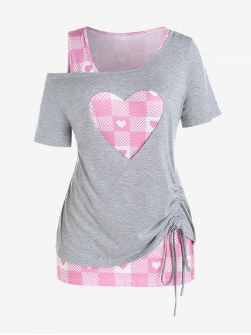 Plus Size Valentines Cinched Skew Neck Tee and Heart Print Plaid Tank Top Twinset
