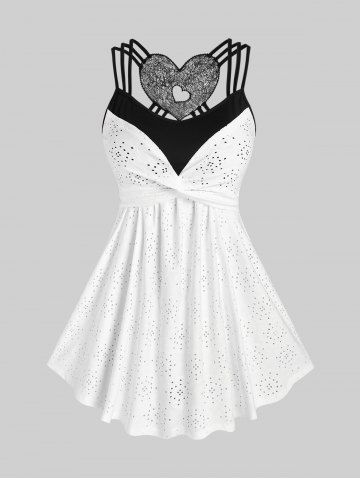 Plus Size Twist Broderie Anglaise Heart Lace Tank Top - WHITE - M | US 10