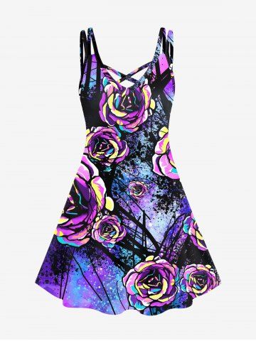 Plus Size Crisscross Colorful Rose Print Trapeze Dress