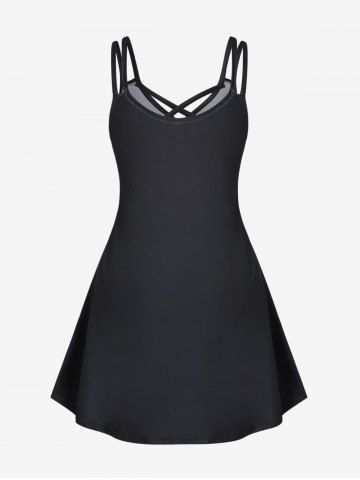 Plus Size Gothic Rose Skulls Printed Crisscross A Line Sleeveless Dress