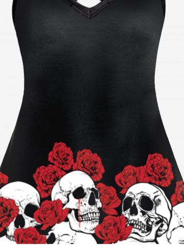 Plus Size Gothic Rose Skulls Printed Crisscross A Line Sleeveless Dress