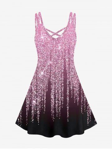 Plus Size 3D Glitter Starlight Print Crisscross Trapeze Dress - LIGHT PINK - L | US 12