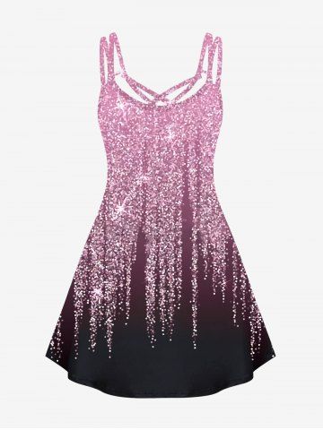 Plus Size 3D Glitter Starlight Print Crisscross Trapeze Party Dress