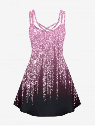 Plus Size 3D Glitter Starlight Print Crisscross Trapeze Party Dress [61%  OFF]