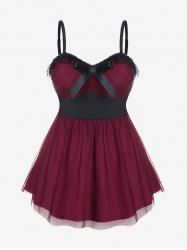 Nuisette Panneau en Dentelle en Maille de Grande Taille à Ourlet avec Nœud Papillon - Rouge foncé 3x | US 22-24