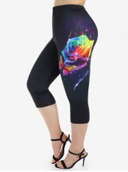 Plus Size Rainbow Rose Butterfly Print Capri Skinny Leggings -  