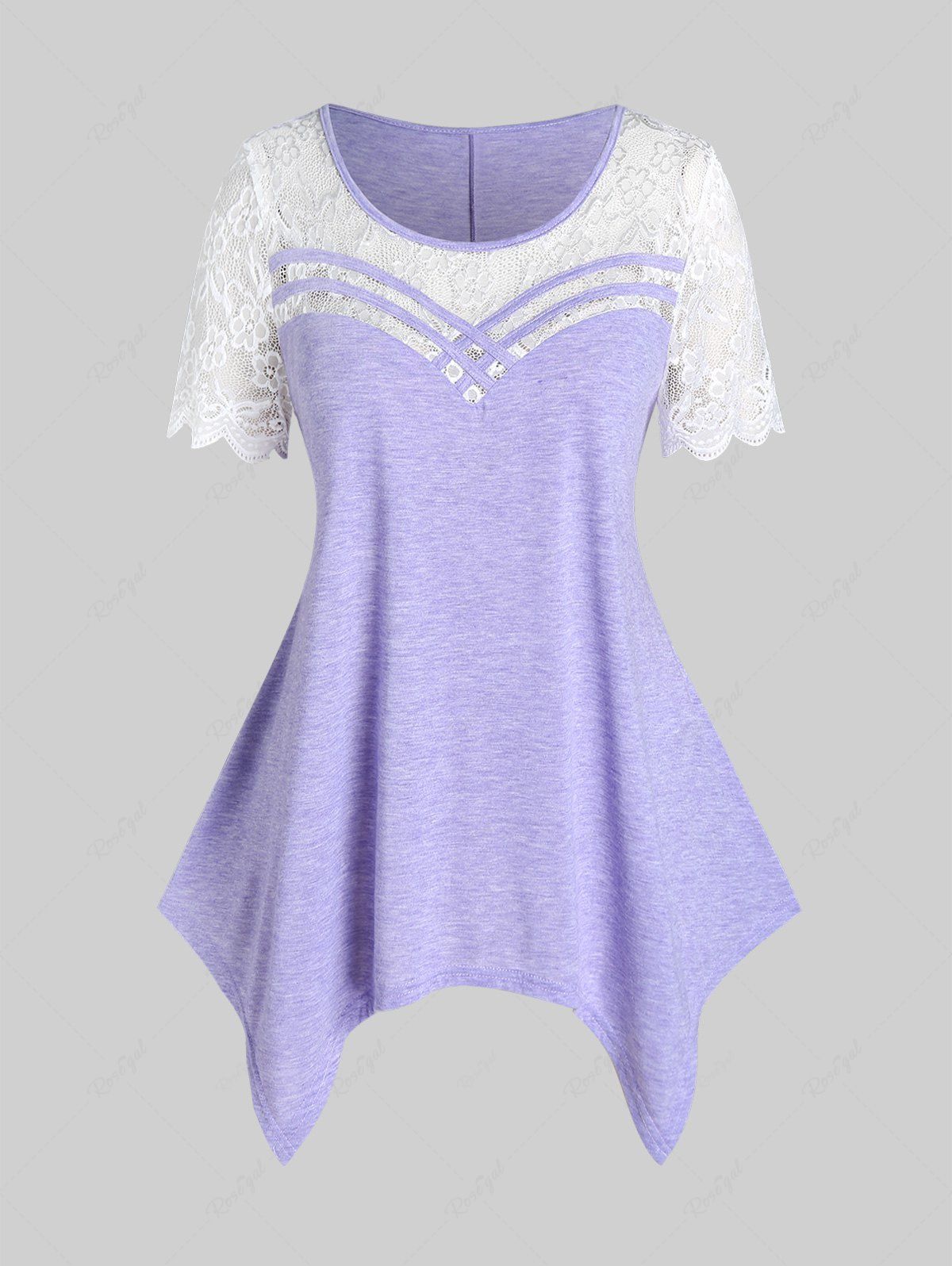 T-shirt Mouchoir Panneau en Dentelle de Grande Taille Violet clair 4X | US 26-28