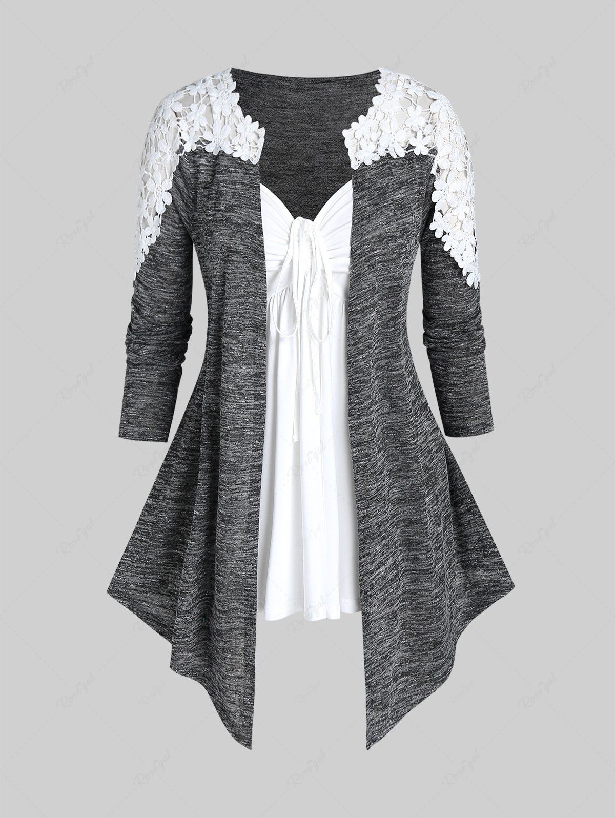 Outfit Plus Size  Lace Panel Open Front Cardigan and Cinched Tank Top Set  