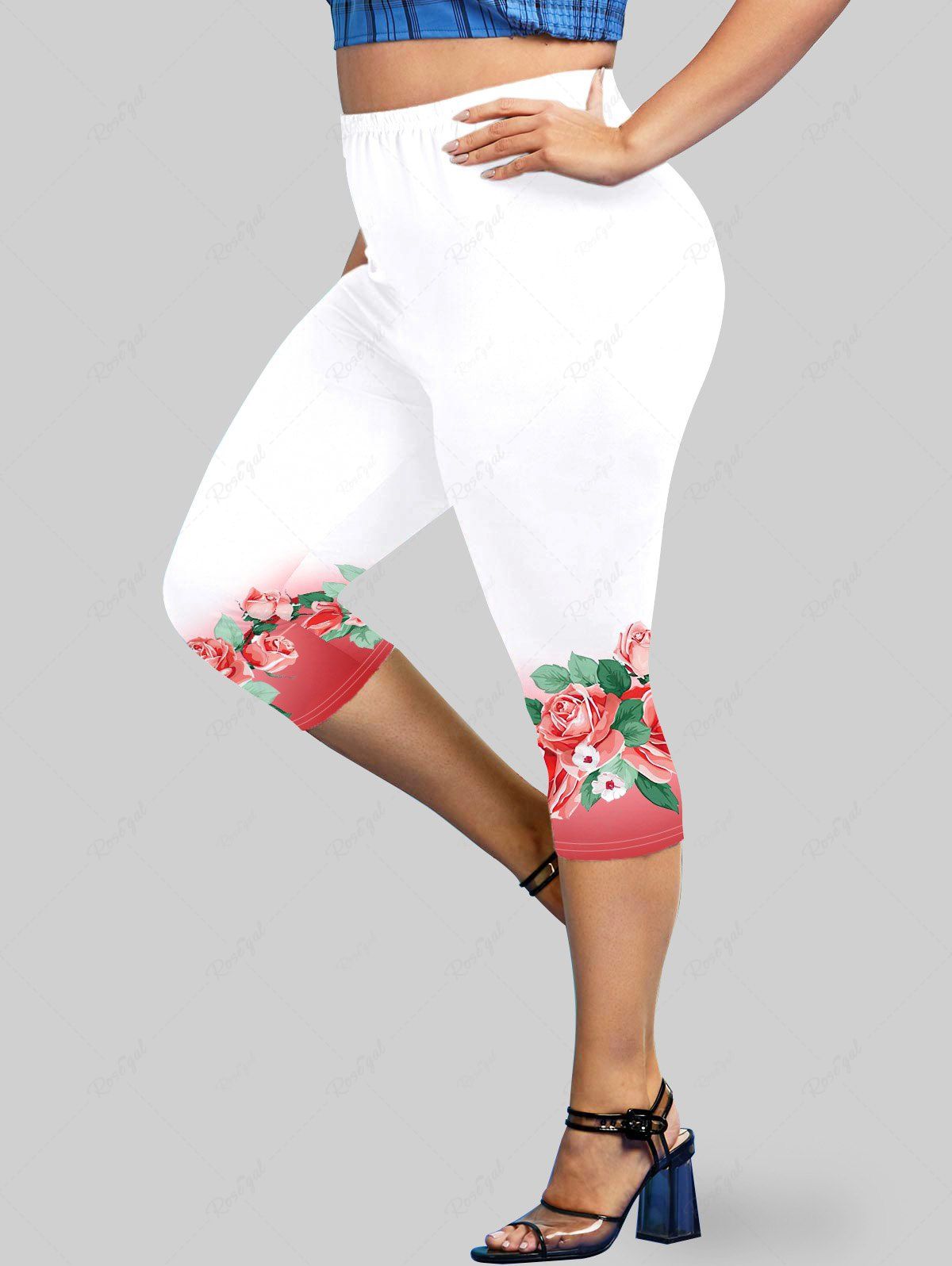 Chic Plus Size High Waist Floral Print Capri Leggings  