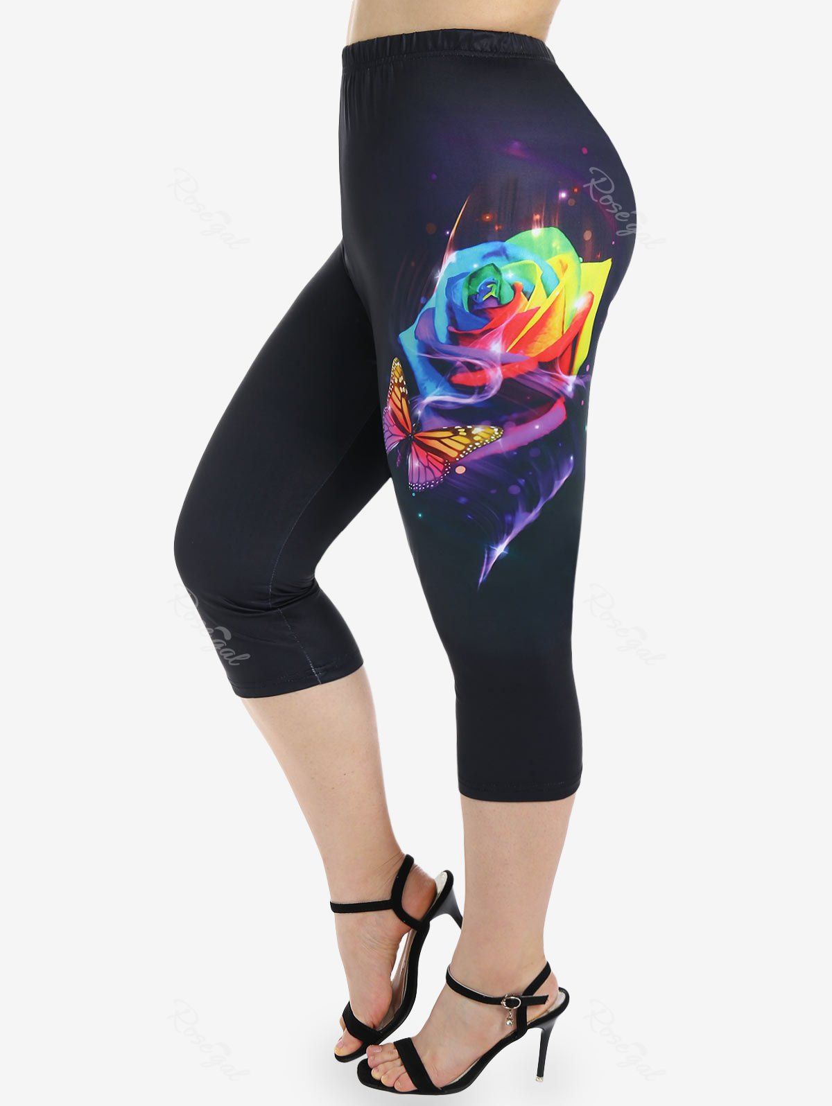 Hot Plus Size Rainbow Rose Butterfly Print Capri Skinny Leggings  