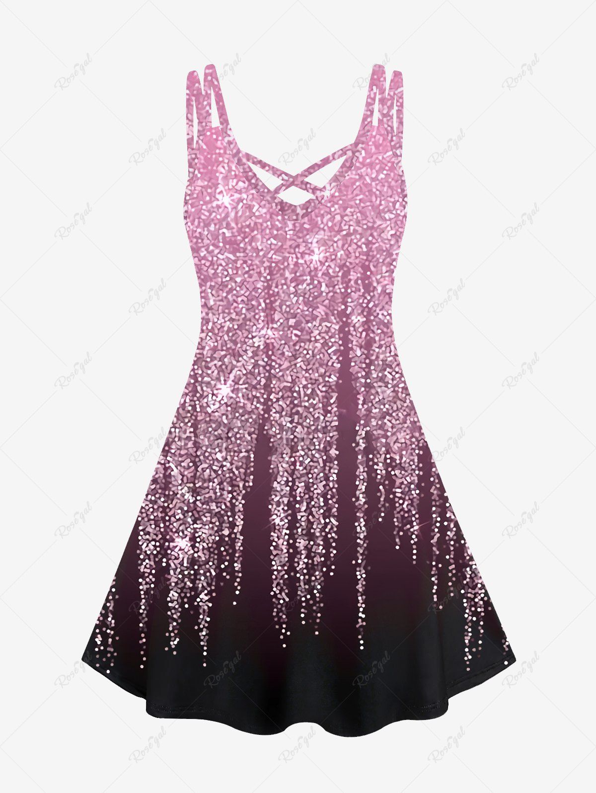 Discount Plus Size 3D Glitter Starlight Print Crisscross Trapeze Dress  