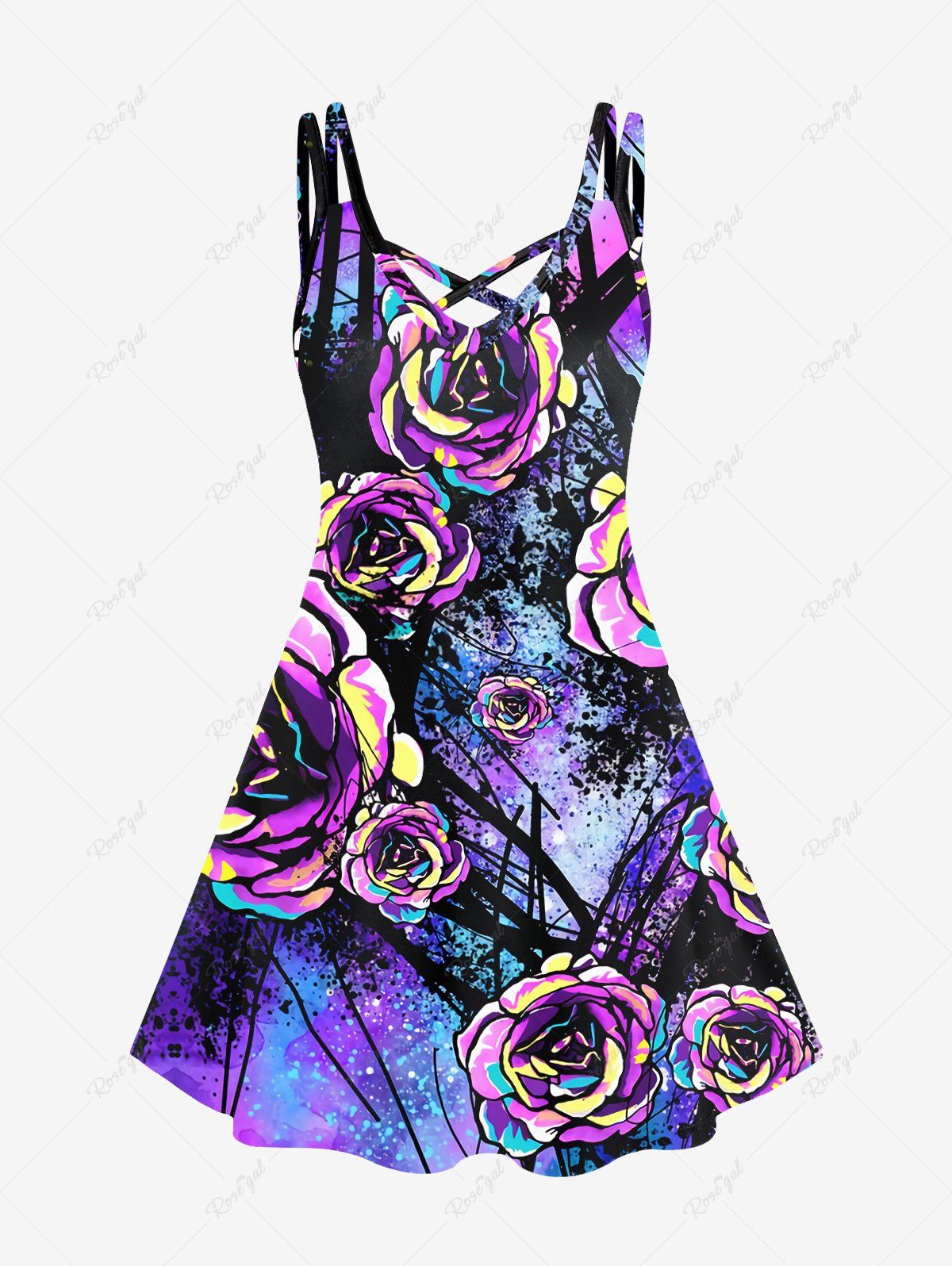 Online Plus Size Crisscross Colorful Rose Print Trapeze Dress  