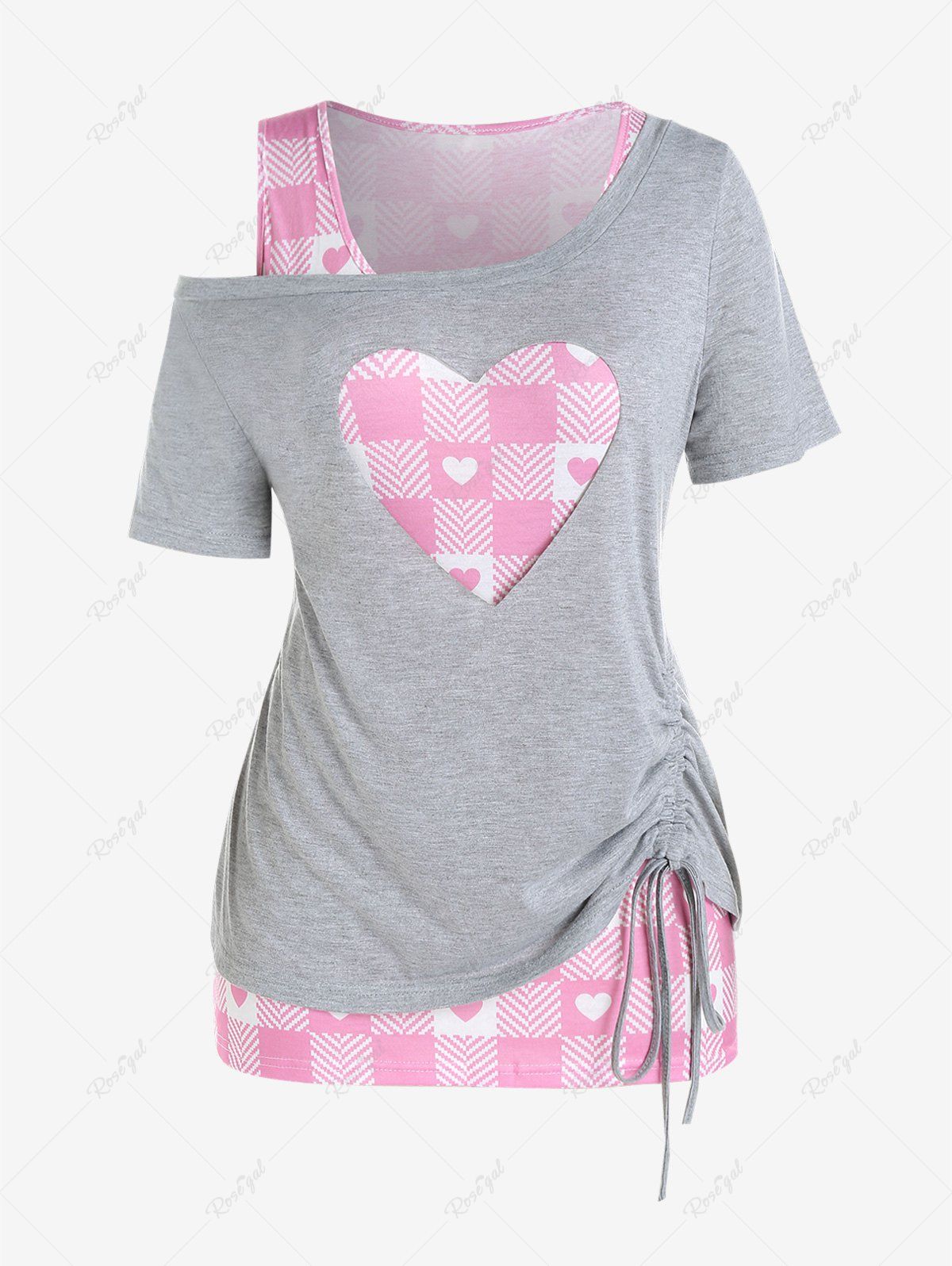 Fancy Plus Size Valentines Cinched Skew Neck Tee and Heart Print Plaid Tank Top Twinset  