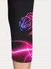 Plus Size 3D Rose Gleamy Line Printed Capri Leggings -  