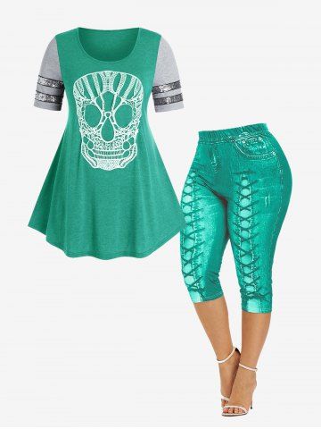 Lace Skull Sequin Swing Tee and 3D Lace Up Jean Printed Leggings Plus Size Summer Outfit