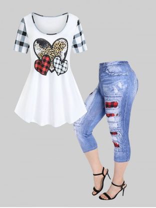 Plaid Heart Printed Unisex Short Sleeves Tee and High Waist 3D Ripped Denim Plaid Print Capri Jeggings Plus Size Summer Outfit