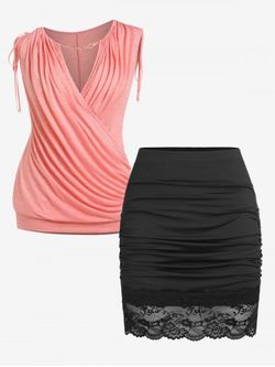 Ruched Lace Hem Mini Bodycon Skirt and Surplice Tank Top Plus Size Summer Outfit - LIGHT PINK