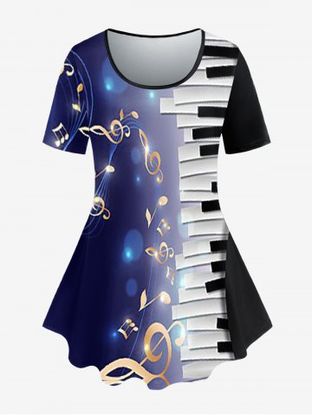 Plus Size Casual Music Note Piano Keys Print Tee